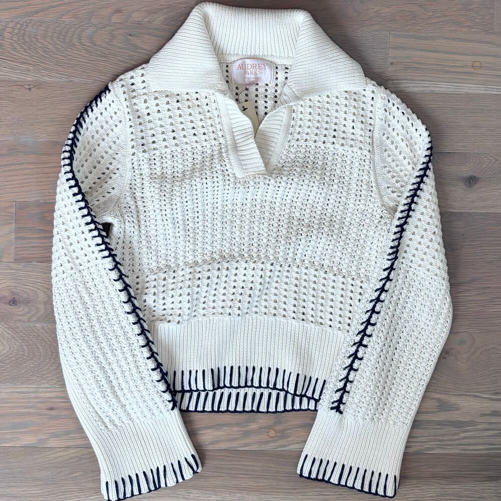 NWT Francesca’s Audrey Parks Crochet Stitch Sweater Collared Pullover Women XS - Picture 6 of 7